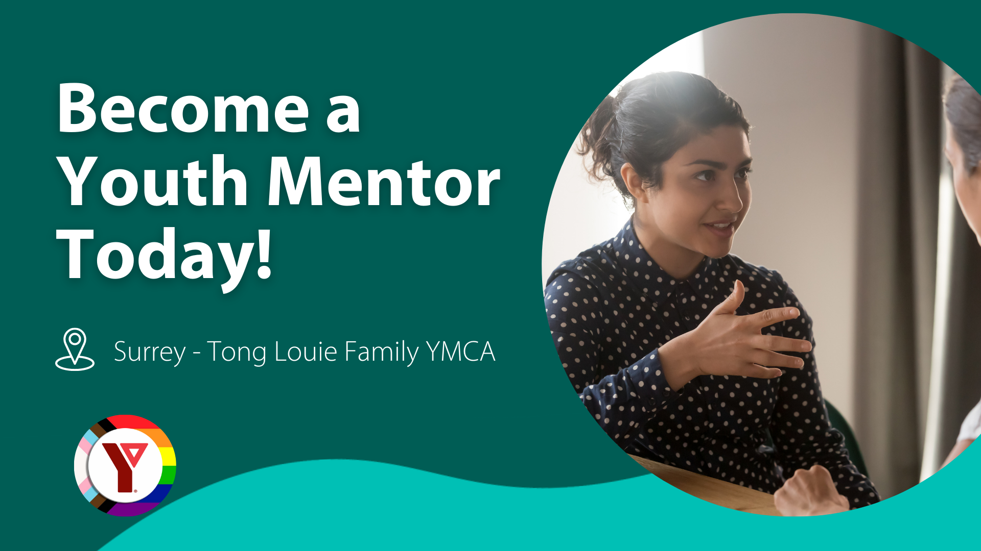 Two young women speak with each other in an image that features the YMCA logo and messaging that reads: "Become a Youth Mentor Today!"