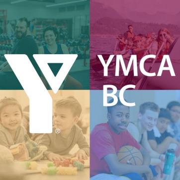 A collage of tinted images depicting YMCA programs and services with a YMCA BC logo overlaid